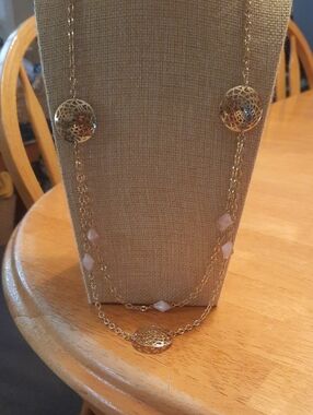 Gold and Rose Quartz Multi-Strand Pendant Necklace